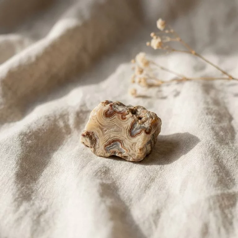 Illustration de agate crazy lace à l’état brut sur un tissu en lin écru