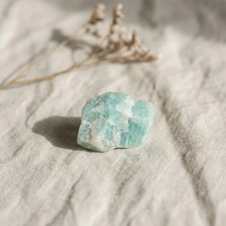 Illustration de amazonite à l’état brut sur un tissu en lin écru