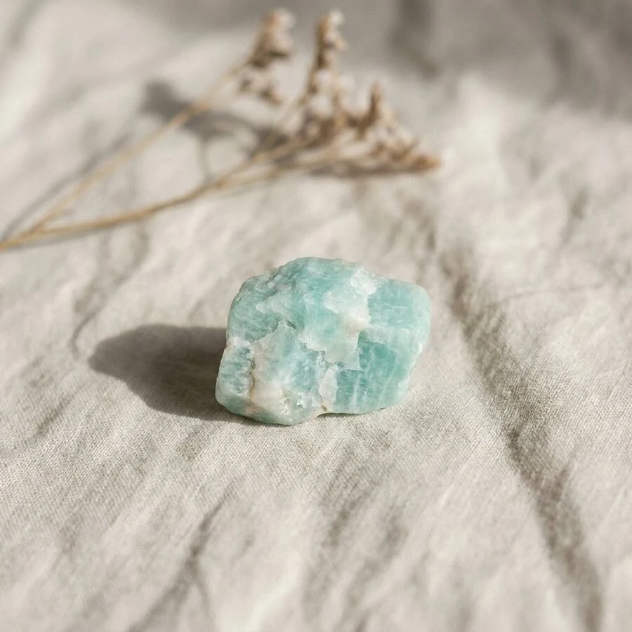 Illustration de amazonite à l’état brut sur un tissu en lin écru