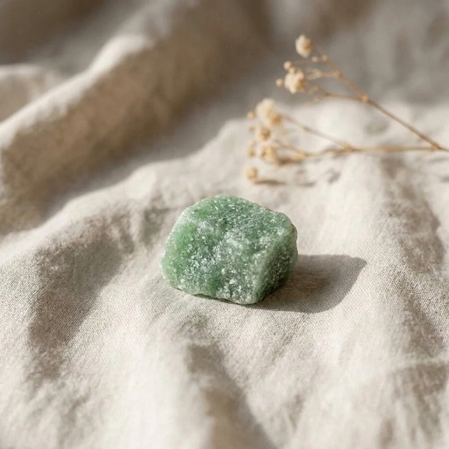 Illustration de aventurine verte à l’état brut sur un tissu en lin écru