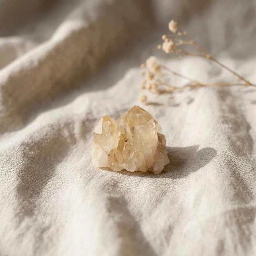 Illustration de citrine naturelle à l’état brut sur un tissu en lin écru