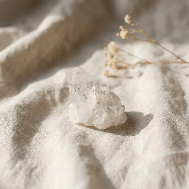 Illustration de cristal de roche à l’état brut sur un tissu en lin écru