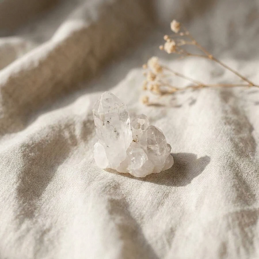Illustration de cristal de roche à l’état brut sur un tissu en lin écru