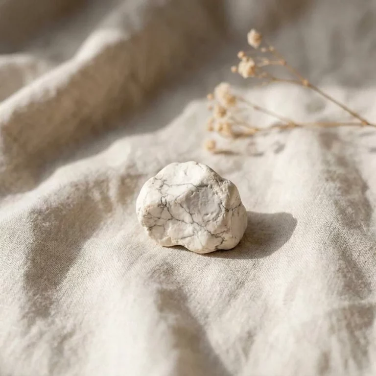 Illustration de howlite à l’état brut sur un tissu en lin écru