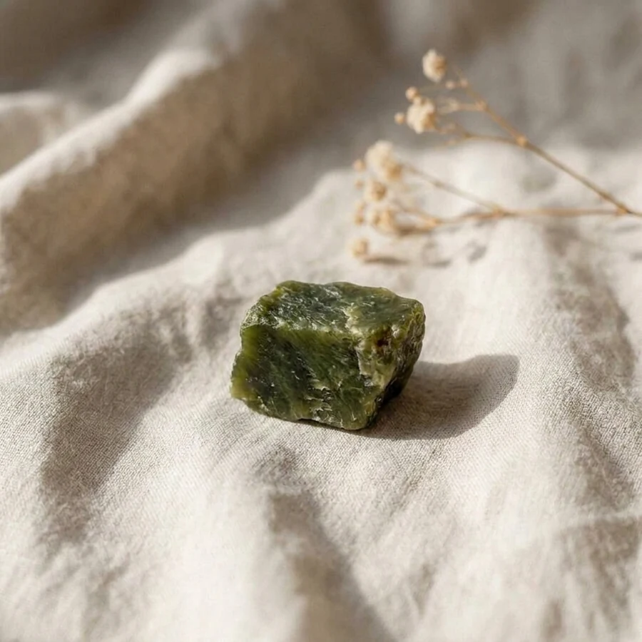 Illustration de jade à l’état brut sur un tissu en lin écru