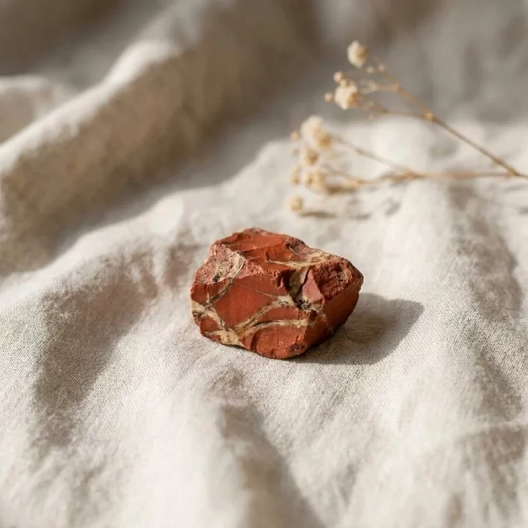 Illustration de jaspe rouge à l’état brut sur un tissu en lin écru
