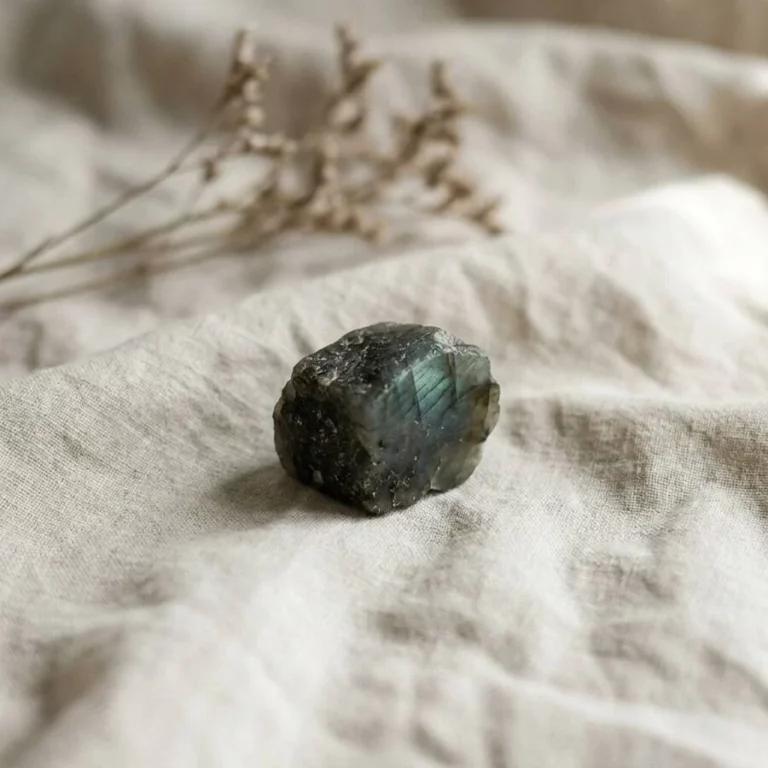 Illustration de labradorite à l’état brut sur un tissu en lin écru