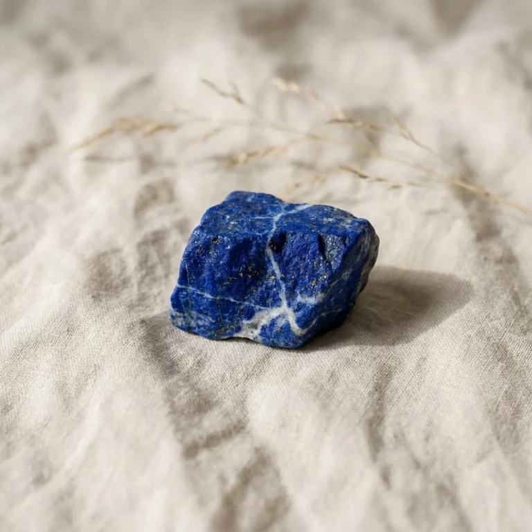 Illustration de lapis-lazuli à l’état brut sur un tissu en lin écru