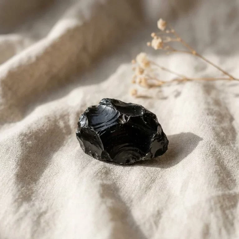 Illustration de obsidienne noire à l’état brut sur un tissu en lin écru
