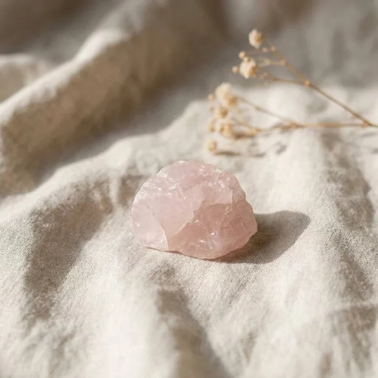 Illustration de quartz rose à l’état brut sur un tissu en lin écru