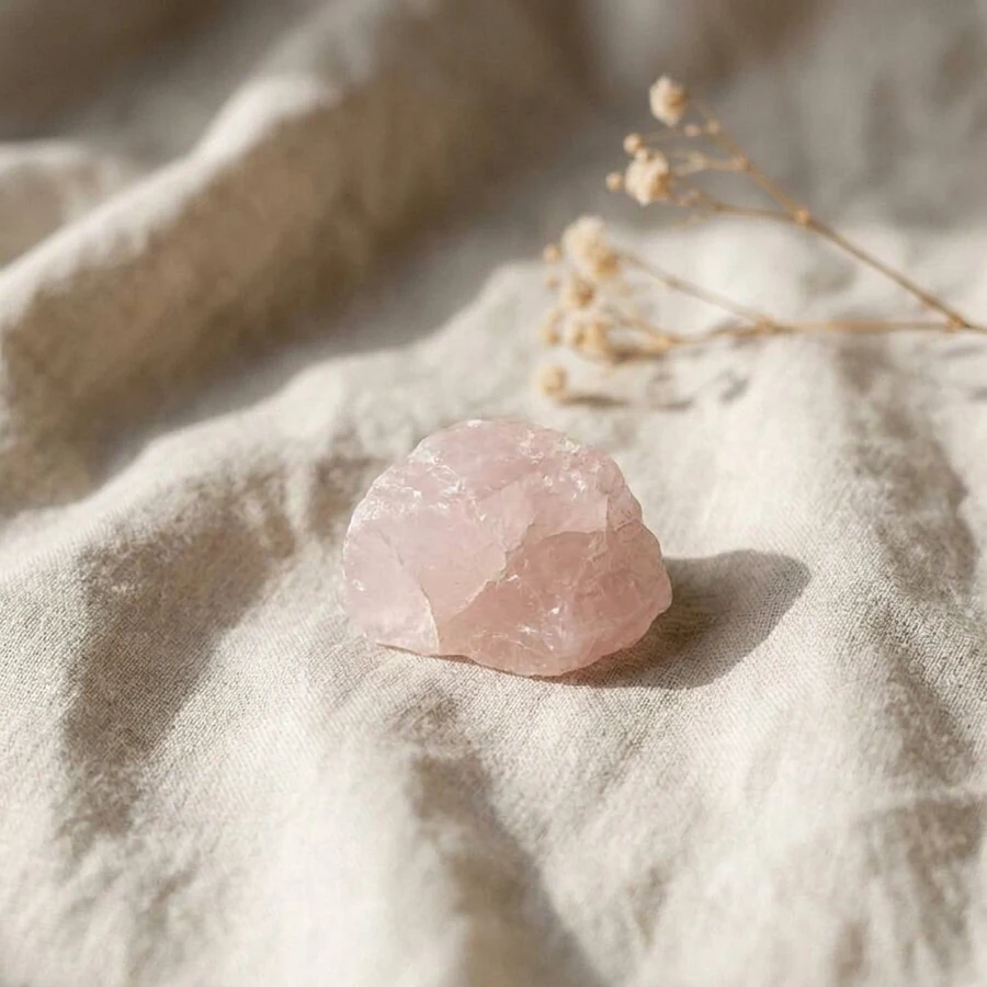 Illustration de quartz rose à l’état brut sur un tissu en lin écru
