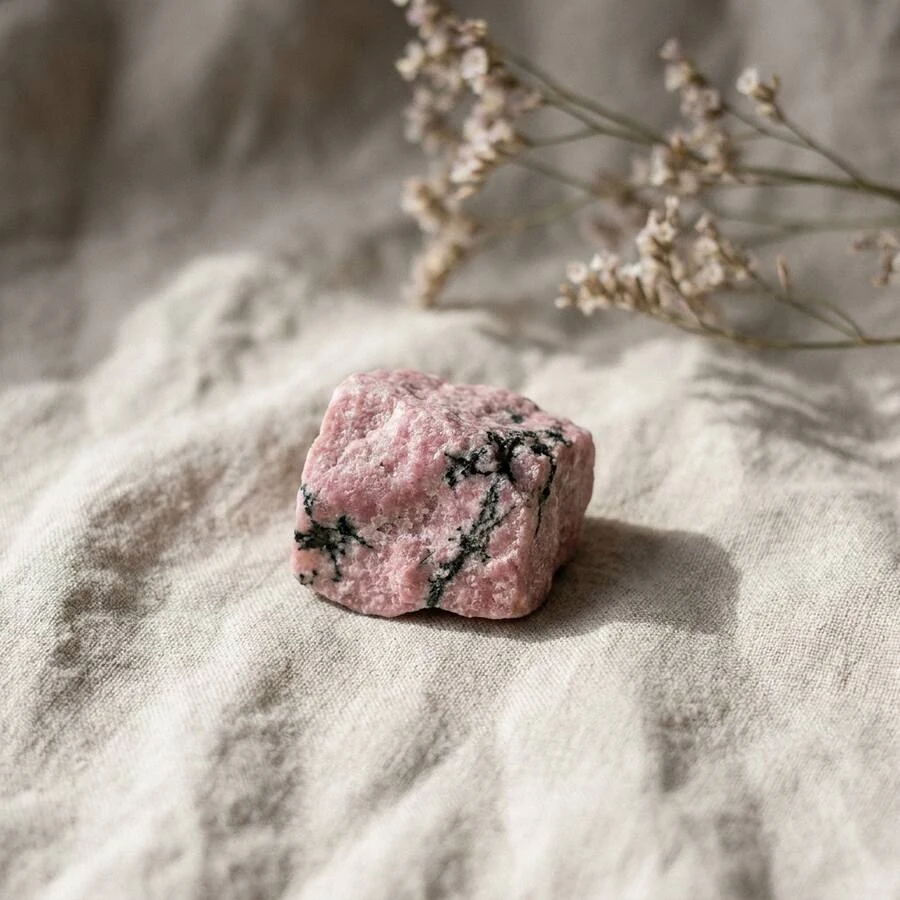 Illustration de rhodonite à l’état brut sur un tissu en lin écru