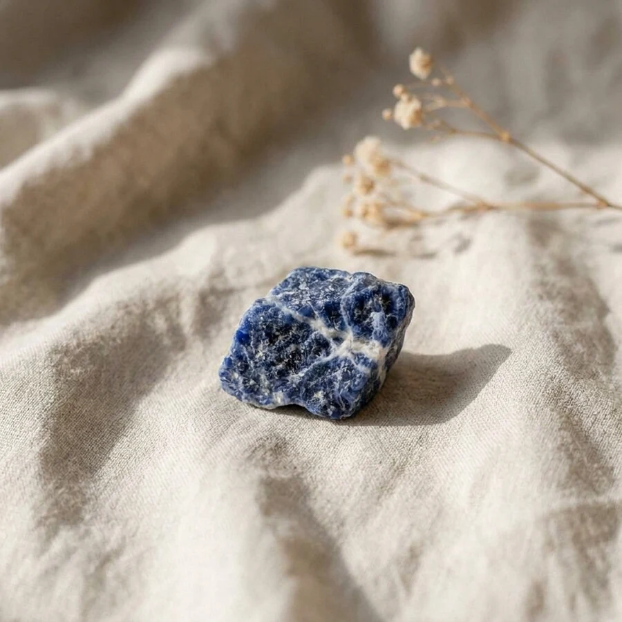 Illustration de sodalite à l’état brut sur un tissu en lin écru